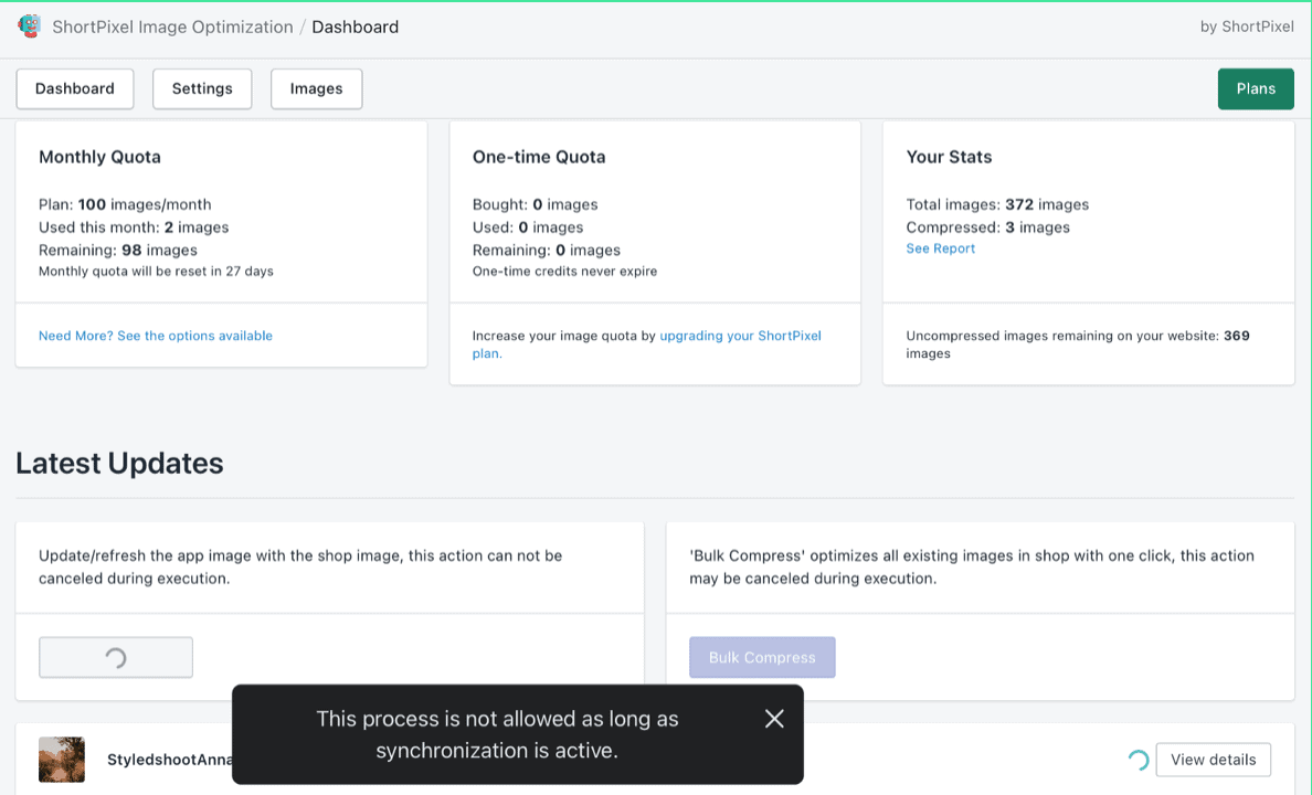 Shortpixel Shopify Integration Dashboard