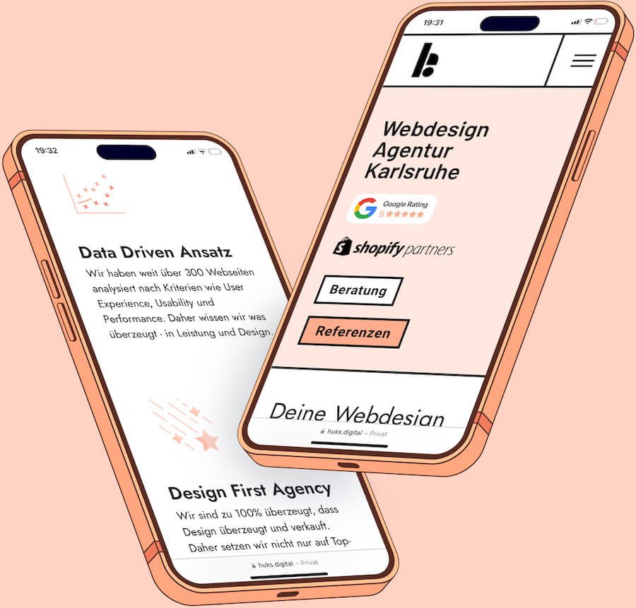 Zwei iPhones mit der Webseite von huks.digital. Auf dem rechten steht Webdesign Agentur Karlsruhe, auf dem linken Data driven Ansatz und Design First Agency.